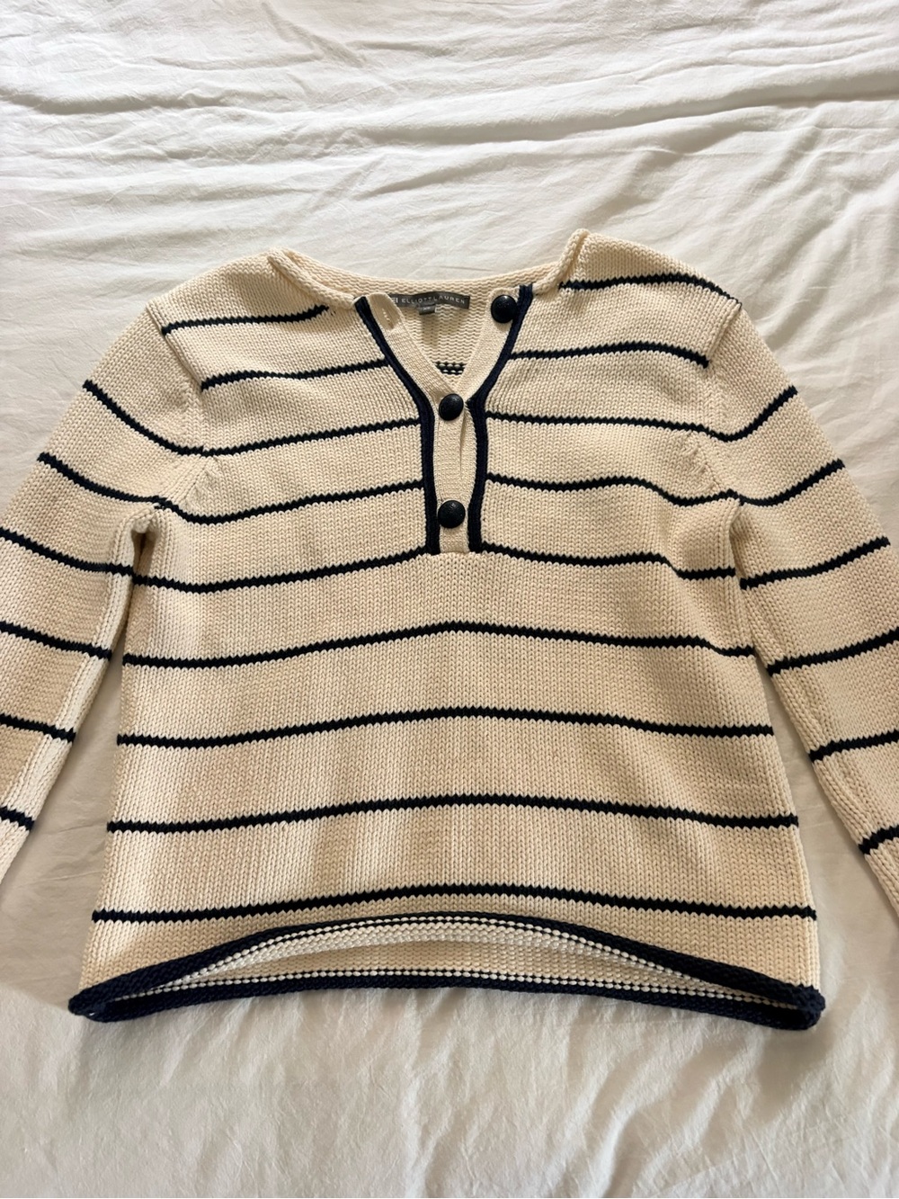 Elliott Lauren Cream and Navy Striped Crewneck Sweater